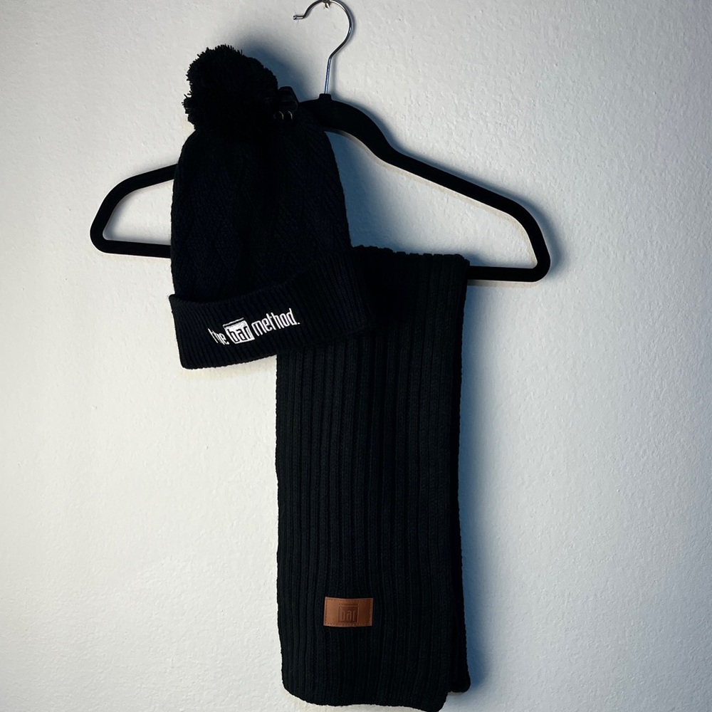 The Bar Method Black Knit Scarf and Hat Set